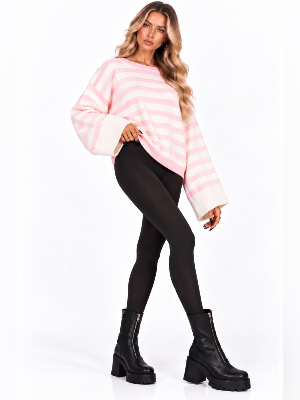 Edikted Saphi Striped Oversized Knit Sweater Pink Cream NWT Size S